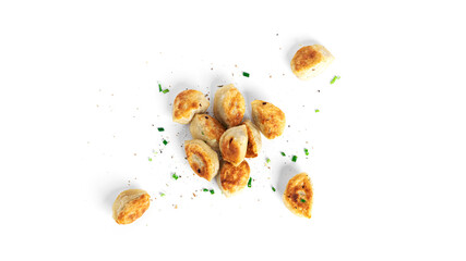 Fried dumplings with potatoes and green onion isolated on a white background.