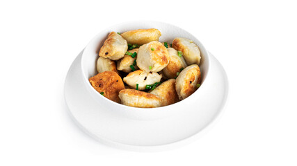 Fried dumplings with potatoes and green onion isolated on a white background.
