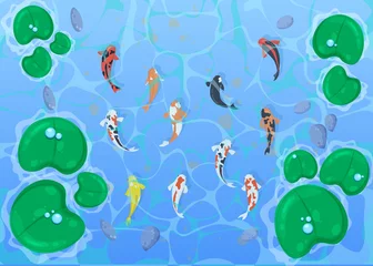 Crédence de cuisine en verre imprimé Vie marine Spotted fish swimming in pond top view. Basin with water-lilies flat vector illustration. Marine animals, reservoir concept.