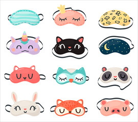 Kit children s sleep mask with different design on white background. Set face mask for sleeping human with dog, deer, owl, sheep, rabbit, penguin, unico and cloud in flat style vector illustration.