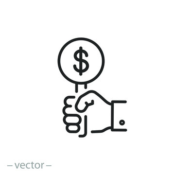 bid icon, auction, hand holding offer price, financial suggestion commercial market, bidding concept, thin line symbol on white background - editable stroke vector illustration eps10 Stock Vector | Adobe Stock