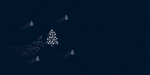 A fir-tree symbol filled with dots flies through the stars leaving a trail behind. Four small symbols around. Empty space for text on the right. Vector illustration on dark blue background with stars