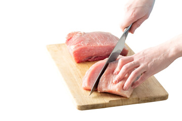 cutting pork meat into slices isolated on white background