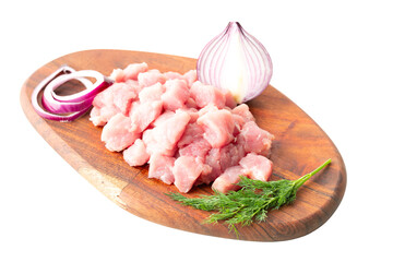 chopped pork meat on wooden board isolated on white background
