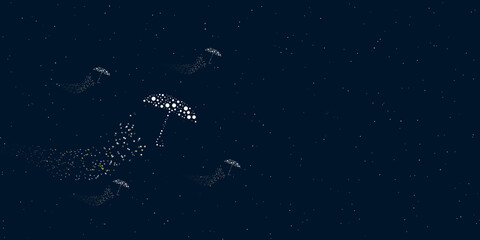 A umbrella symbol filled with dots flies through the stars leaving a trail behind. Four small symbols around. Empty space for text on the right. Vector illustration on dark blue background with stars
