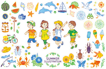 夏休みの子供たち　夏のイラスト素材セット