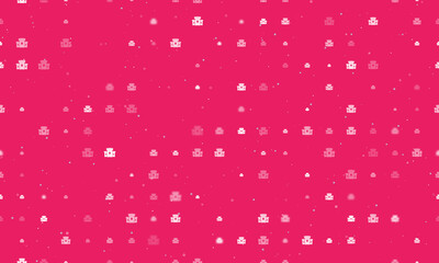 Seamless background pattern of evenly spaced white castle symbols of different sizes and opacity. Vector illustration on pink background with stars