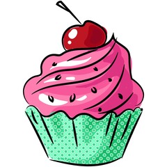 Vector cupcake with cherry berry and pink icing icon