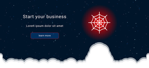 Business startup concept Landing page screen. The spider web symbol on the right is highlighted in bright red. Vector illustration on dark blue background with stars and curly clouds from below