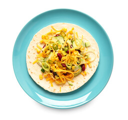 Plate with tasty taco on white background