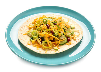 Plate with tasty taco on white background