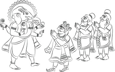 Phad is Indian folk art. The paintings made for storytelling, paintings narrated stories of local deities and rulers. This story is about Lord Ganesha, for textile printing, logo, wallpaper