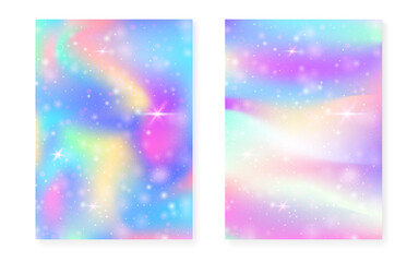 Fototapeta premium Magic background with princess rainbow gradient. Kawaii unicorn hologram.
