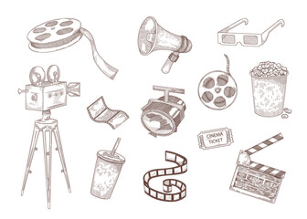 Cinema elements engraved illustrations set. Hand drawn sketch of popcorn, tape, camera, ticket, clapperboard isolated on white background. Entertainment, film festival, cinema, Hollywood concept