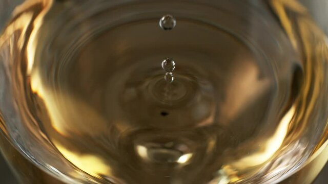 Super slow motion of dripping drop of red wine into glass. Filmed on high speed cinema camera, 1000 fps