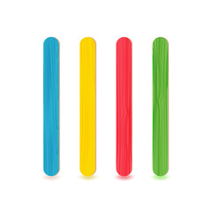 Realistic 3D wooden colored or plastic sticks.
For ice cream or frozen juice, covid test, or medical throat examination. Isolated items on white background.
