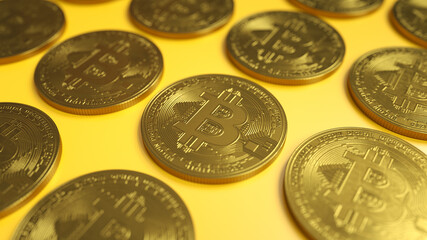 Bitcion coins on a yellow background. 3d rendering.