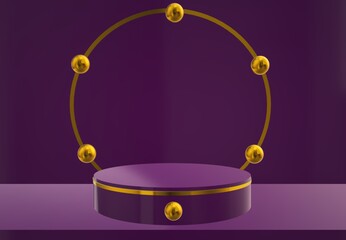 Realistic 3D render of minimal pedestal with golden ring frame and pearls over the violet background, Mock Up. 3d illustration for product showcase, presentation, cosmetic product, sale, Advertising.