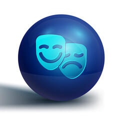 Blue Comedy and tragedy theatrical masks icon isolated on white background. Blue circle button. Vector
