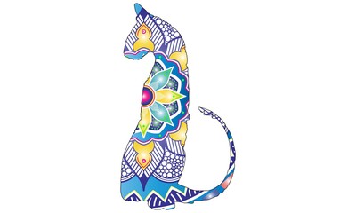 Stylized colorful doodle cat. Hand drawn cartoon animal illustration, coloring book page. Decorative ornate for T-shirt emblem, logo or tattoo. Zen art, isolated design