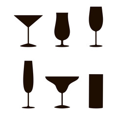 Black silhouettes set of glasses for wine, cocktail, martini and champagne. Alcohol drink.