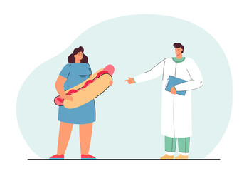 Obese girl at nutritionist appointment flat vector illustration. Woman holding hot dog, having problems with being overweight. Doctor warning of consequences. Obesity, diet, unhealthy concept