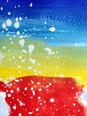 Paintbrush strokes surface on white watercolor paper. Colored stripes of vibrant color paints with drops of white paint. Abstract colorful painted texture in shades of red, yellow and blue colors