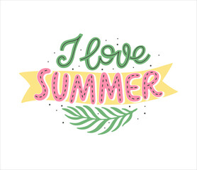 Colorful summer lettering in modern style. Hand-drawn holiday decoration. Isolated vector illustration design with summer elements.