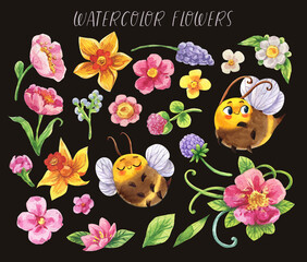 Cute bee and honey watercolor set. Hand-painted illustration for children's books.
