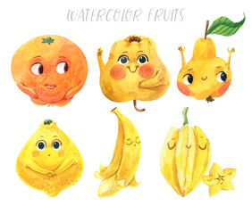 Smoothies time. Summer and autumn. Different types of tasty fruits. The smiles and joy. Children's watercolor illustration.