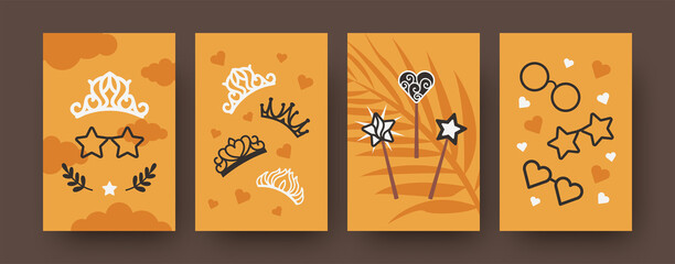 Fairytale illustrations set. Bright set of fairytale elements isolated on orange background. Magic wands and crowns, sunglasses of different shapes. Folklore concept for banners, website design
