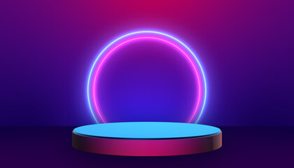 Realistic empty stage podium neon glowing lights purple background. Performance stage mockup with copy space. 3D illustration