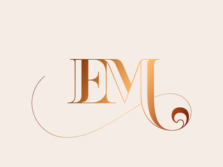EM monogram logo.Typographic signature icon.Decorative swirl.Letter e and letter m.Lettering sign isolated on light fund.Wedding, fashion, beauty alphabet initials.Elegant, luxury style.Gold color.