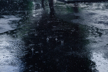 Black asphalt in heavy rain