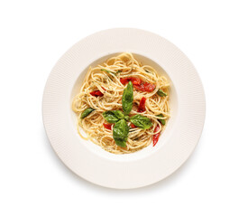 Plate with tasty pasta on white background