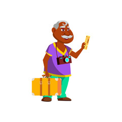 elderly man tourist with photo camera and luggage showing fly ticket in airport cartoon vector. elderly man tourist with photo camera and luggage showing fly ticket in airport character. isolated flat