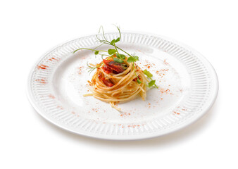 Plate with tasty pasta on white background