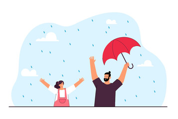 Cheerful dad and daughter getting wet in rain. Father holding umbrella for other purposes, enjoying happy moments with kid flat vector illustration. Family, having fun concept
