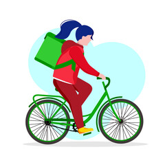 Obraz premium Delivery service, a courier girl on a bicycle delivers an online order to your home. Vector illustration. You can use it for a website, mobile app, poster, postcard, or flyer.