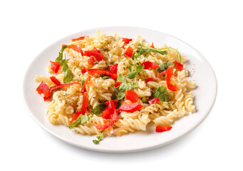 Plate with tasty pasta and bell pepper on white background