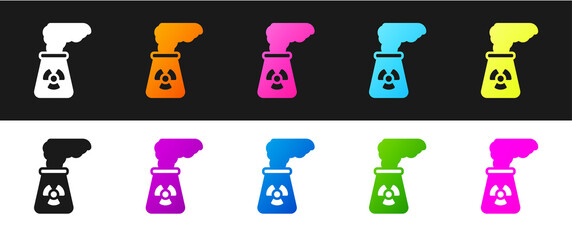 Set Nuclear power plant icon isolated on black and white background. Energy industrial concept. Vector