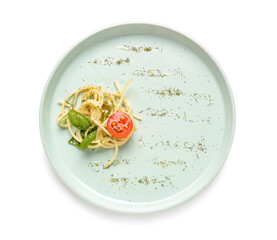 Plate with tasty pasta on white background