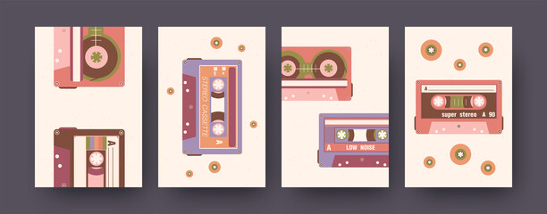 Set of contemporary art posters with retro tapes. Vector illustration. .Collection of stereo cassettes with different compositions. Music, audio, vintage, sound concept for social media design
