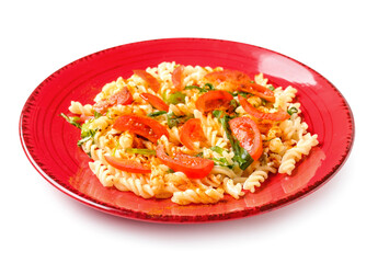 Plate with tasty pasta and tomatoes on white background