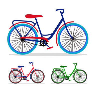 Vector illustration of a set of three bicycles in different colors. You can use it for a poster, template, banner, postcard, leaflet, or website.