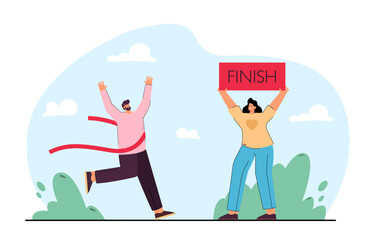 Girlfriend meeting boyfriend at finish line of race. Happy man winning competition flat vector illustration. Marathon, love, support concept for banner, website design or landing web page