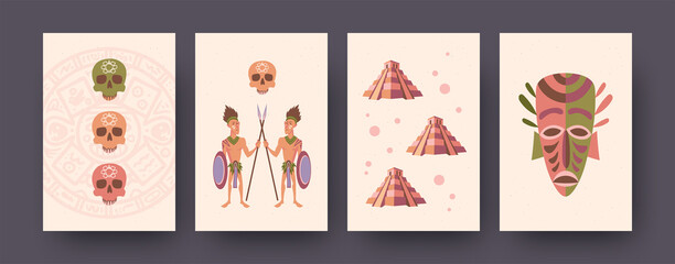 Ethnic illustrations set of Mayan culture elements in pastel style. Tribesmen crossing spears, ancient mask, pyramids, skulls. Cultural and historical concept for banner designs.