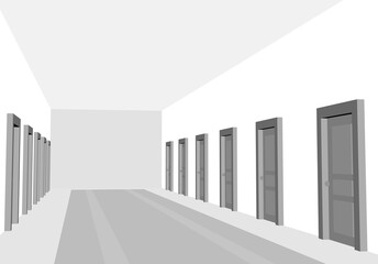 Hotel, clinic or hostel hall with black and white color. Corridor with doors in perspective view