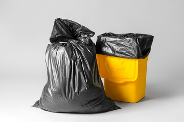 Bag with garbage and rubbish bin with logo of recycling on grey background - obrazy, fototapety, plakaty