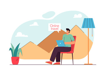 Man going online travelling. Male character sitting at chair with laptop with Egypt pyramids in background. Modern technologies concept for banner, website design or landing web page